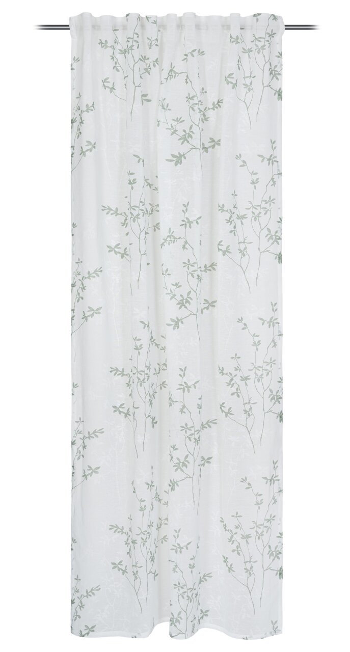 Vorhang mit zartem Blattmuster in Weiß und Grün, frontal aufgenommen.