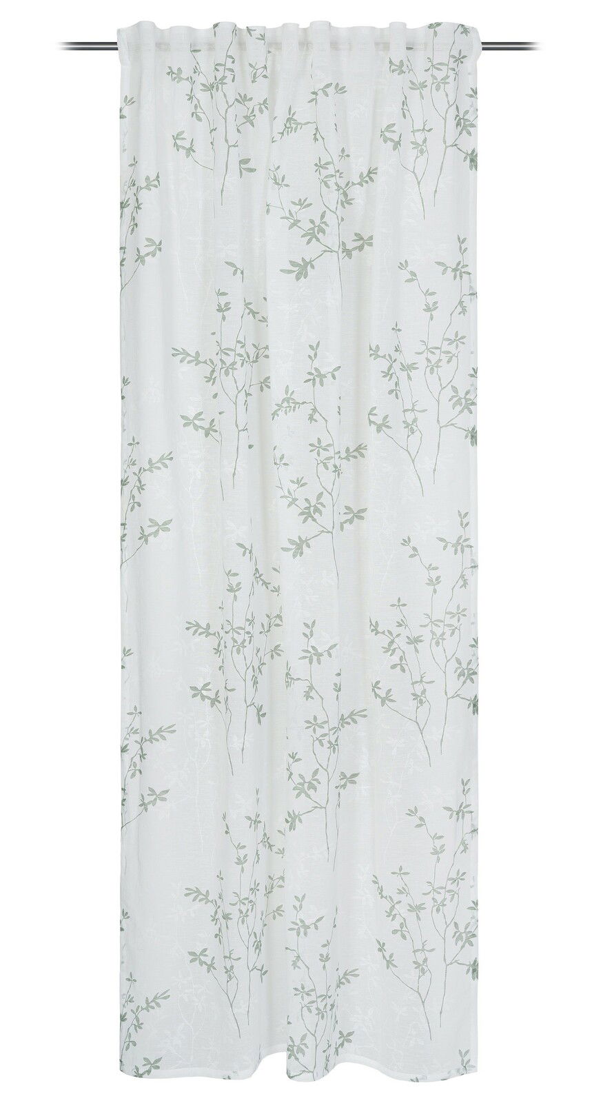 GÖZZE Fertigvorhang VICTORIA Vorhang mit zartem Blattmuster in Weiß und Grün, frontal aufgenommen.