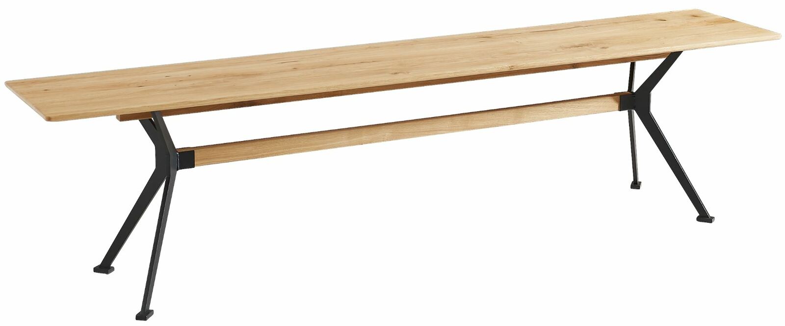Holzbank mit Metallbeinen, seitliche Perspektive