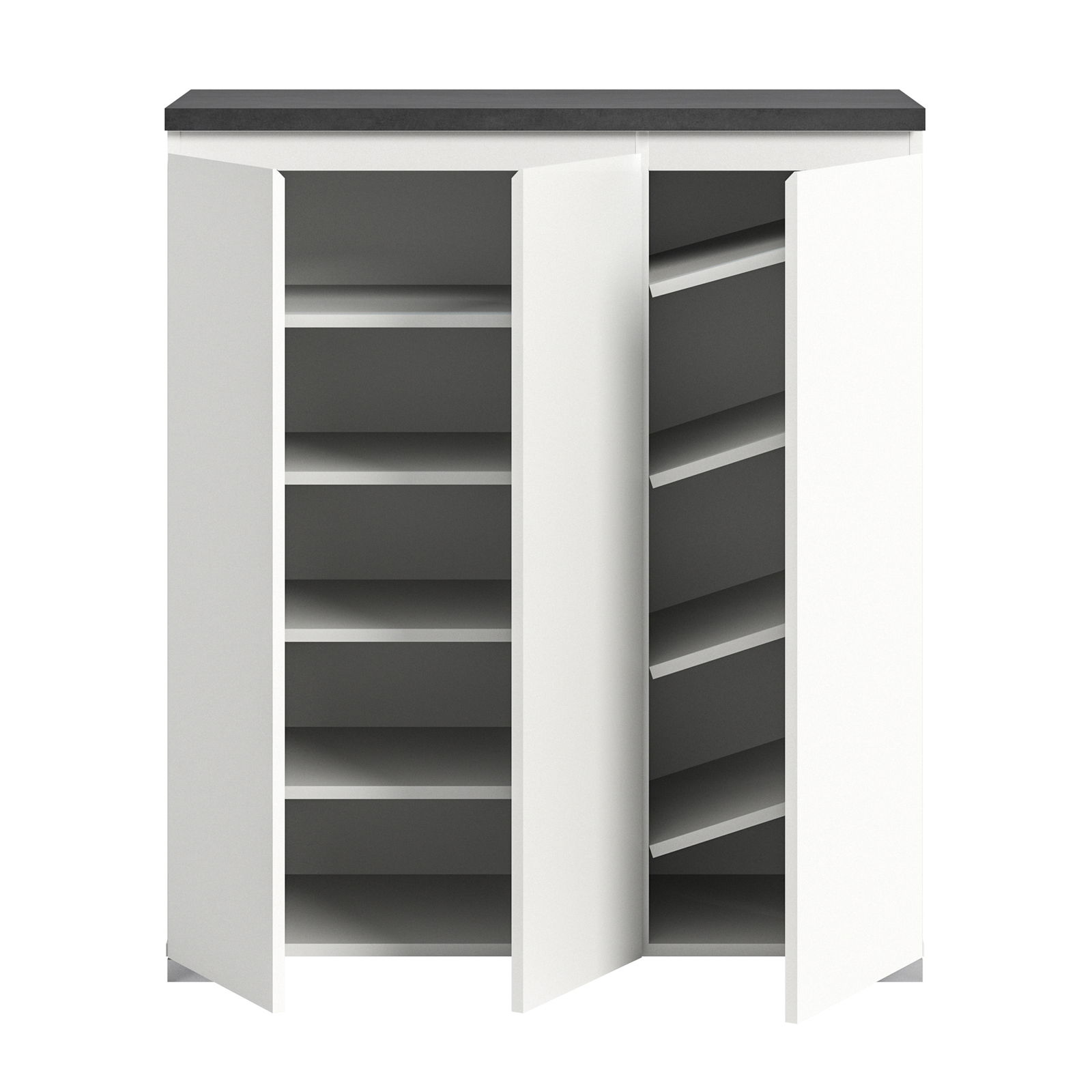 Moderner weißer Schuhschrank mit zwei offenen Türen, frontal betrachtet, zeigt mehrere Regalböden für Schuhe.