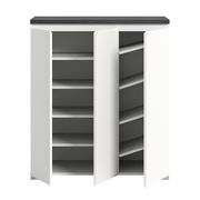 Moderner weißer Schuhschrank mit zwei offenen Türen, frontal betrachtet, zeigt mehrere Regalböden für Schuhe.