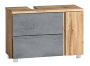 Waschbeckenunterschrank in Holzoptik mit grauen Fronten, Perspektive von vorne links