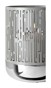 Modernes Windlicht mit geometrischem Muster und glänzendem Sockel, seitliche Perspektive