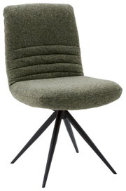 Moderne groene stoel met gestoffeerde rugleuning en zwart metalen frame, zijaanzicht