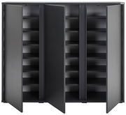 Moderner schwarzer Schuhschrank mit offenen Türen, frontal betrachtet, zeigt mehrere Regalböden für Schuhe.