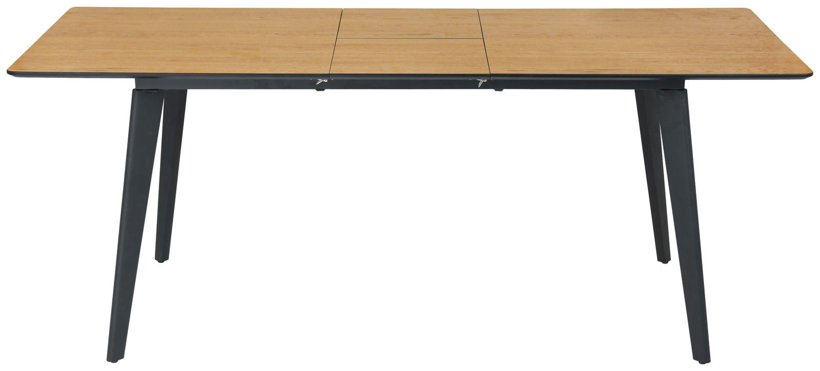 Moderner Esstisch mit Holzplatte und schwarzen Metallbeinen, seitliche Perspektive