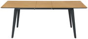 Moderner Esstisch mit Holzplatte und schwarzen Metallbeinen, seitliche Perspektive