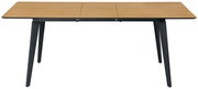 Moderner Esstisch mit Holzplatte und schwarzen Metallbeinen, seitliche Perspektive