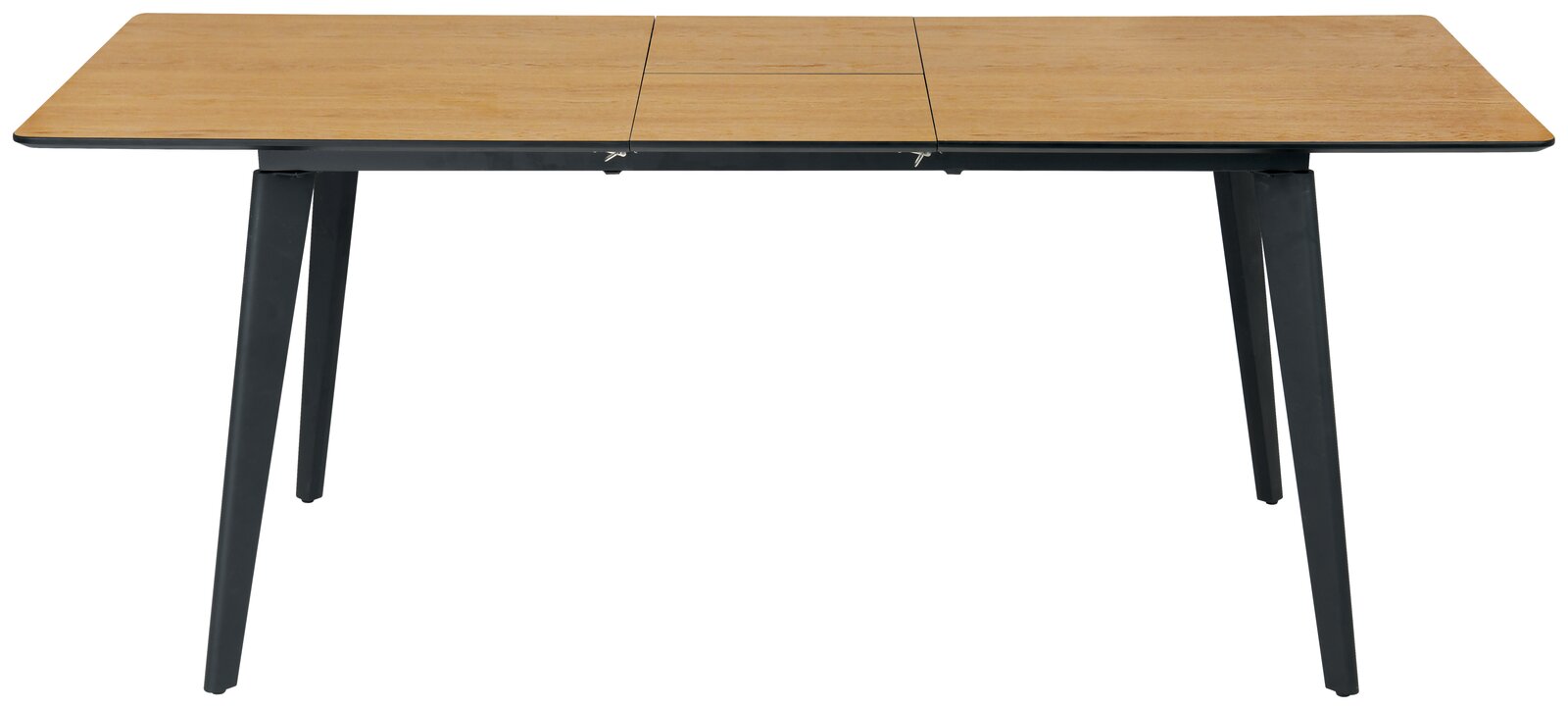 Moderner Esstisch mit Holzplatte und schwarzen Metallbeinen, seitliche Perspektive