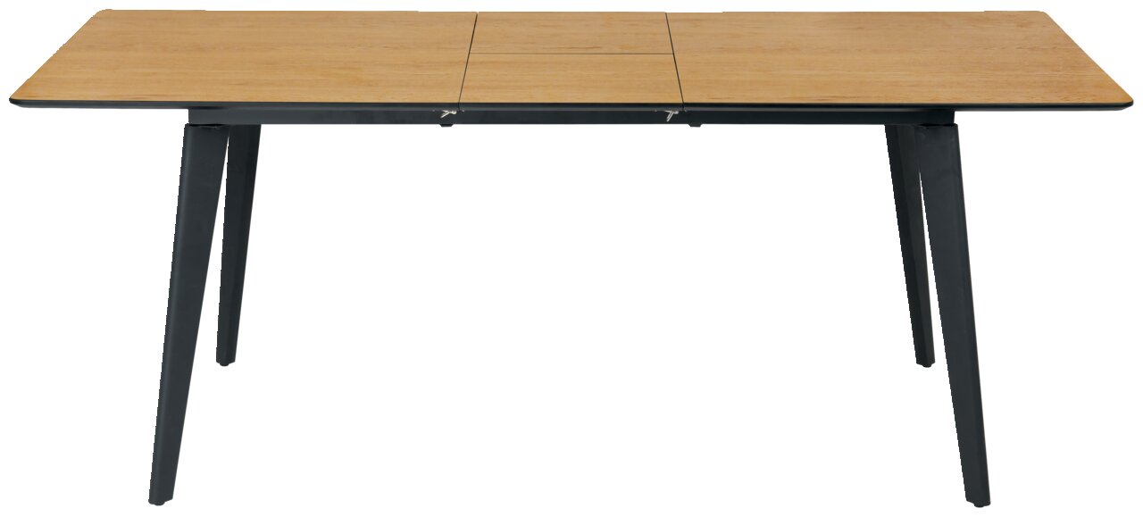 Moderner Esstisch mit Holzplatte und schwarzen Metallbeinen, seitliche Perspektive