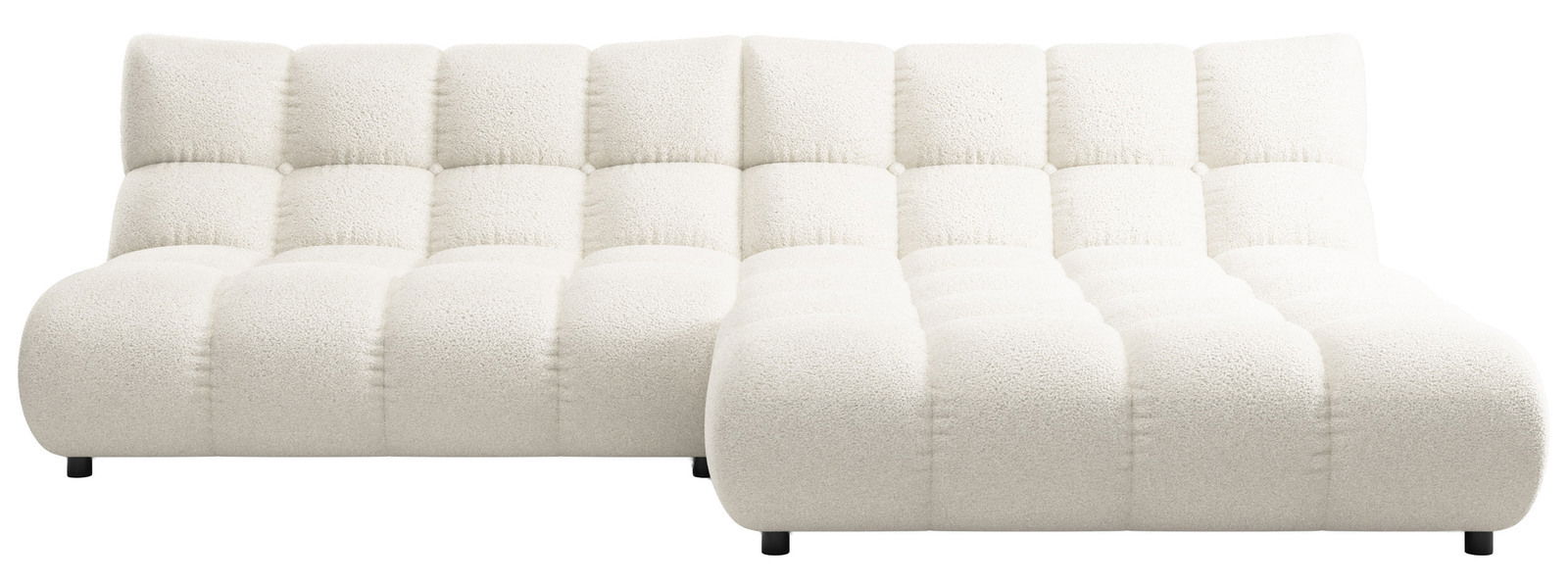 Frontale Ansicht einer cremefarbenen Longchairkombination mit weicher, gepolsterter Oberfläche und schwarzen Füßen.