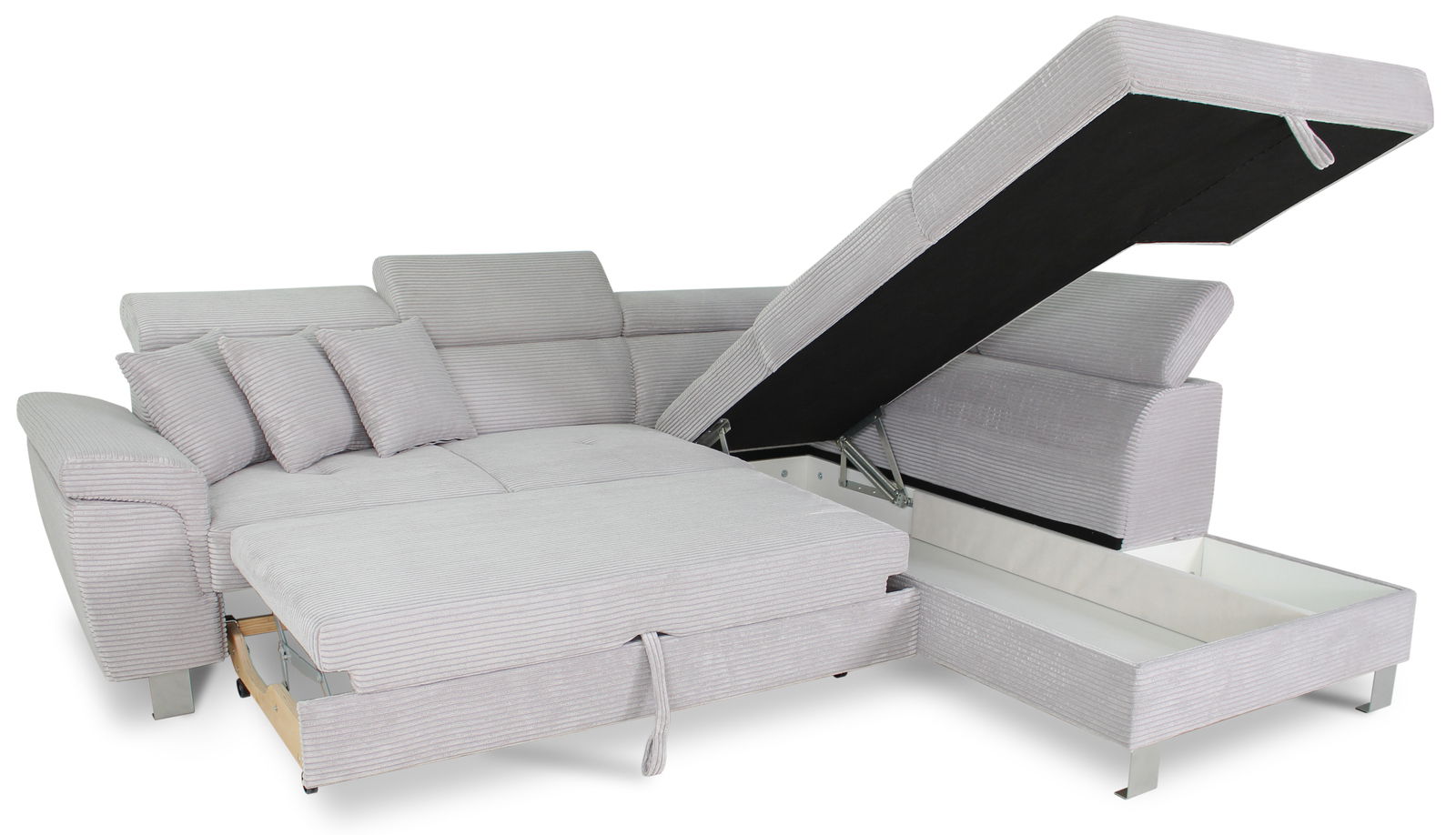 Graues Ecksofa mit Stauraum, teilweise ausgezogen, von vorne betrachtet.