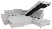 Graues Ecksofa mit Stauraum, teilweise ausgezogen, von vorne betrachtet.