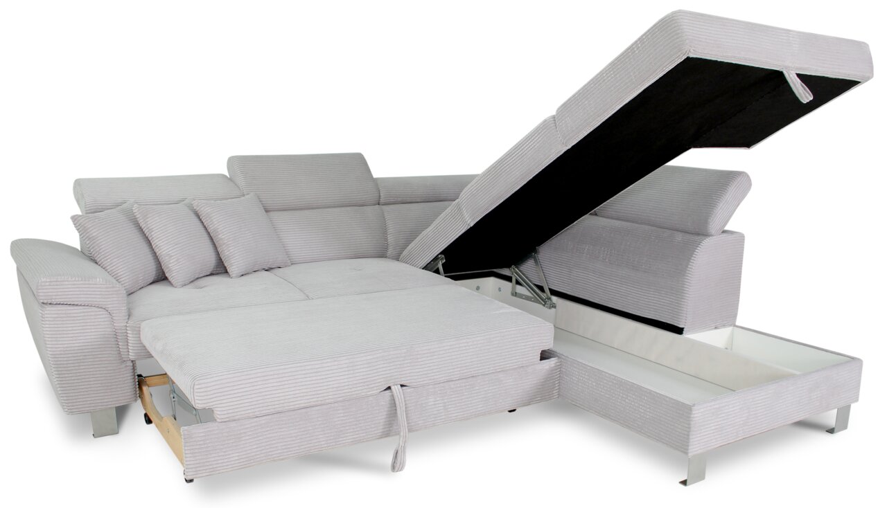 Graues Ecksofa mit Stauraum, teilweise ausgezogen, von vorne betrachtet.