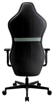 Rückansicht eines schwarzen Gaming-Stuhls mit Armlehnen und Rollen