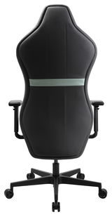 Rückansicht eines schwarzen Gaming-Stuhls mit Armlehnen und Rollen