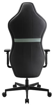 Rückansicht eines schwarzen Gaming-Stuhls mit Armlehnen und Rollen