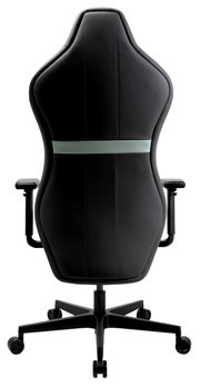Rückansicht eines schwarzen Gaming-Stuhls mit Armlehnen und Rollen