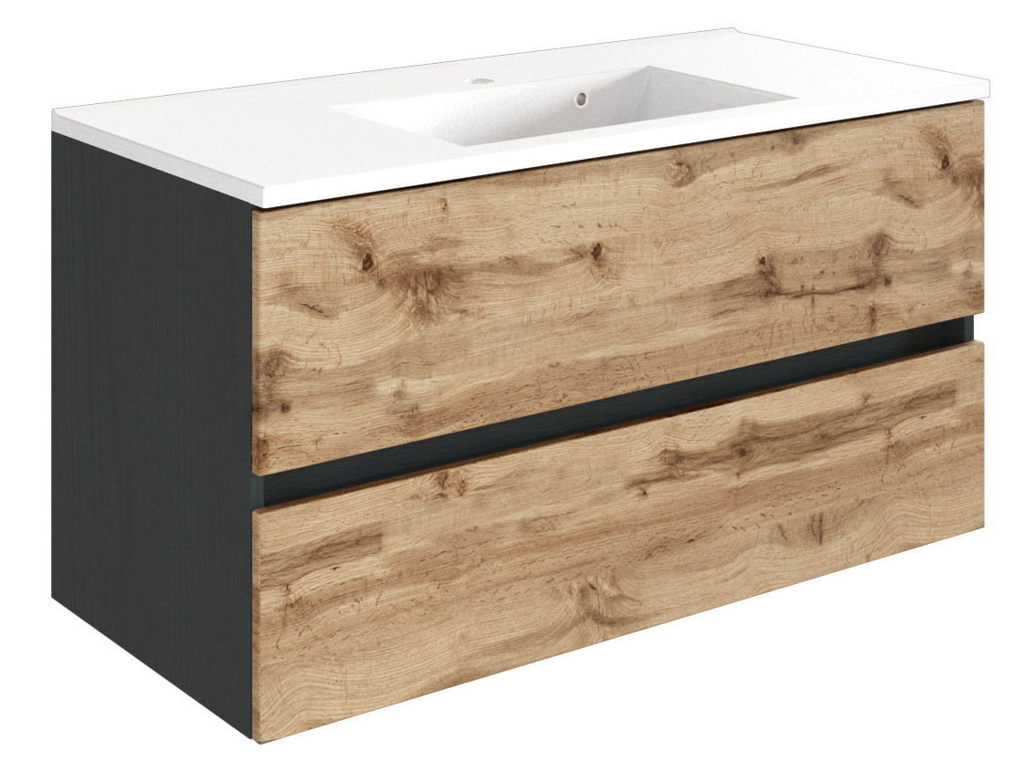 Moderner Waschplatz mit Holzoptik und zwei Schubladen, seitliche Perspektive