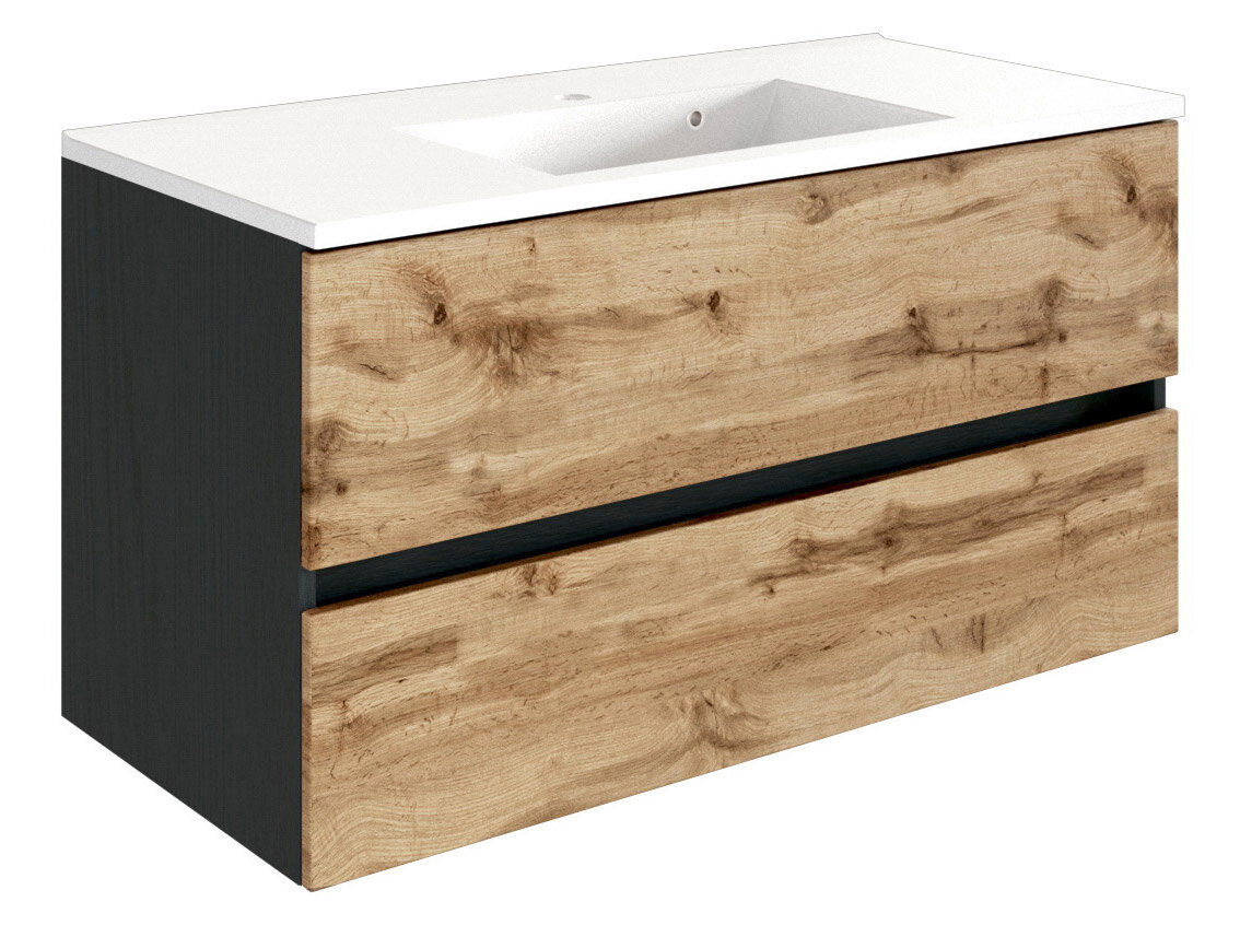 Moderner Waschplatz mit Holzoptik und zwei Schubladen, seitliche Perspektive