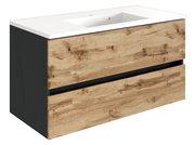 Moderner Waschplatz mit Holzoptik und zwei Schubladen, seitliche Perspektive