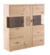 Hochwertiges Linea Natura Highboard PHÖNIX aus hellem Holz mit Glasvitrinen, frontale Perspektive.