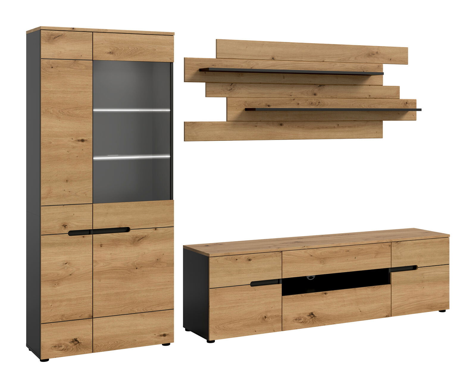 Modernes Wohnzimmermöbel-Set in Eiche-Optik mit anthrazitfarbenen Seiten: hohe Vitrine mit Glastür und LED-Beleuchtung, Lowboard mit offenem Fach und zwei Wandregalen, frontal in leichter Perspektive von vorn links dargestellt