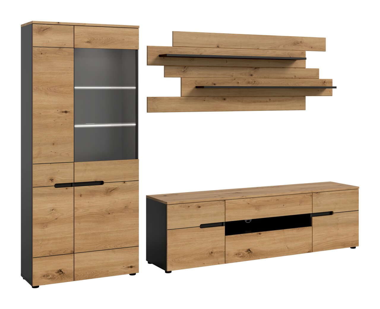MID.YOU Wohnkombination CANU Modernes Wohnzimmermöbel-Set in Eiche-Optik mit anthrazitfarbenen Seiten: hohe Vitrine mit Glastür und LED-Beleuchtung, Lowboard mit offenem Fach und zwei Wandregalen, frontal in leichter Perspektive von vorn links dargestellt