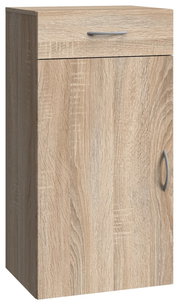 Holzfarbene Kommode mit einer Schublade und einer Tür, seitliche Perspektive