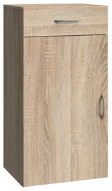 Holzfarbene Kommode mit einer Schublade und einer Tür, seitliche Perspektive