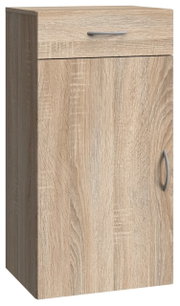 Holzfarbene Kommode mit einer Schublade und einer Tür, seitliche Perspektive
