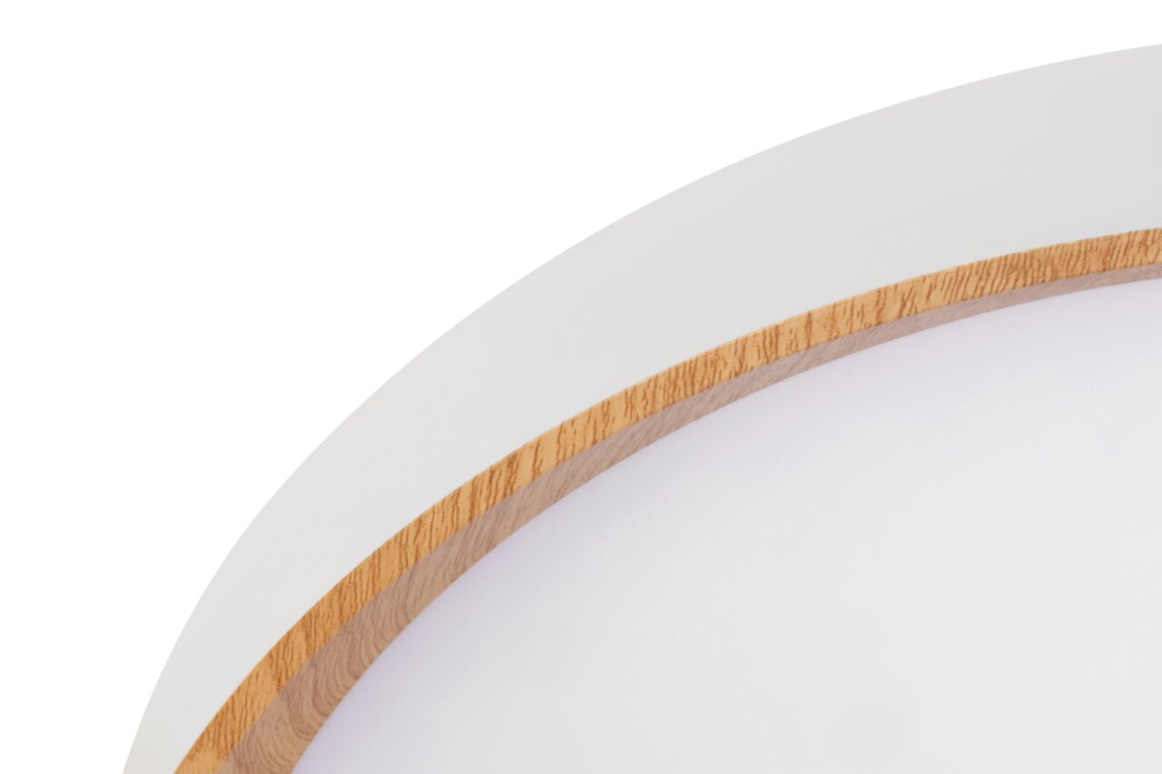 Detailansicht einer LED-Deckenleuchte mit Holzrahmen und weißem Diffusor.