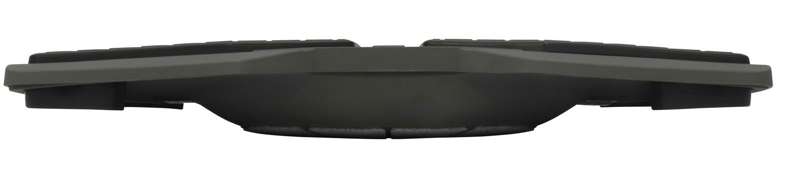 Seitenansicht einer grauen Fußstütze mit leicht gewölbter Oberfläche.