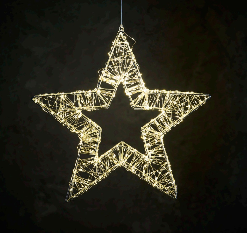 X-Mas Art Collection LED-Stern 50 cm LED-Stern 50cm aus Draht mit warmweißen Lichtern, frontal betrachtet vor schwarzem Hintergrund.