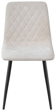 Moderner Stuhl mit hellgrauem, gestepptem Polster und schwarzen Beinen, Frontalansicht