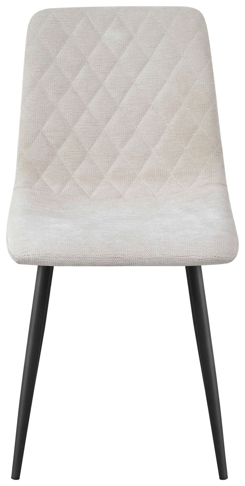 Moderner Stuhl mit hellgrauem, gestepptem Polster und schwarzen Beinen, Frontalansicht
