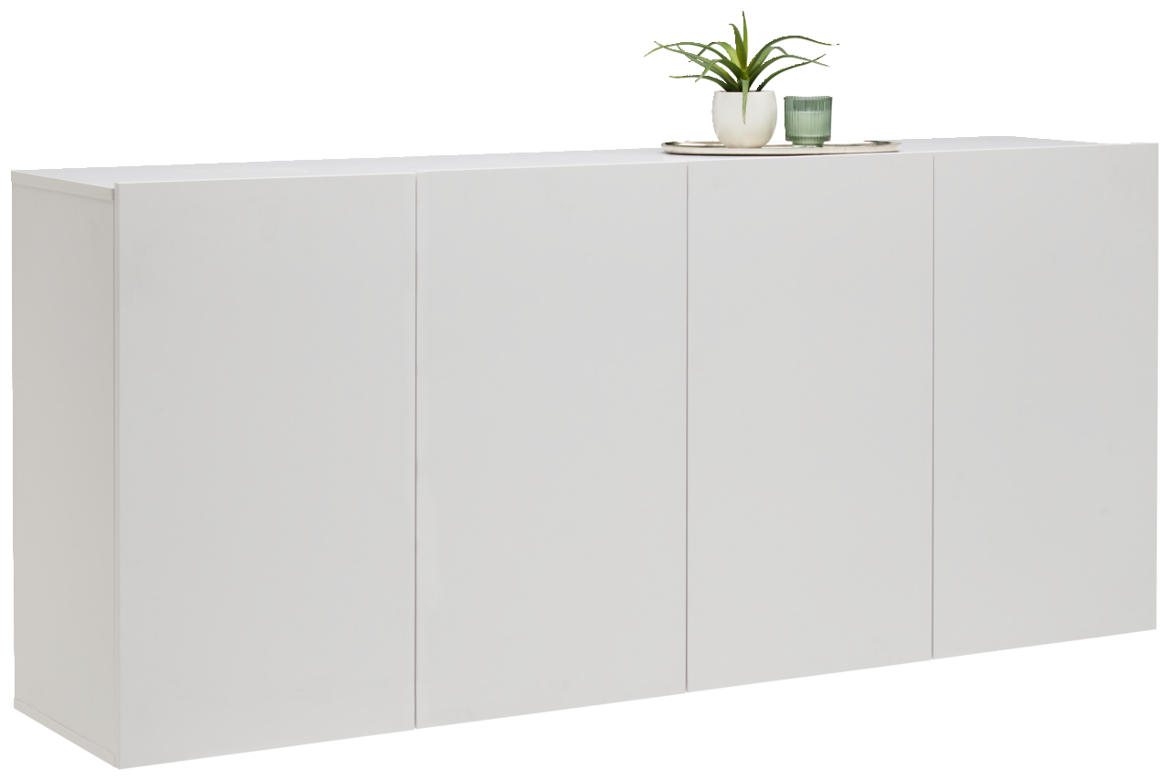 Hom´in Hängesideboard NEWNIQ Weißes Hängesideboard mit vier Türen, darauf eine Pflanze und ein Glas, seitliche Perspektive
