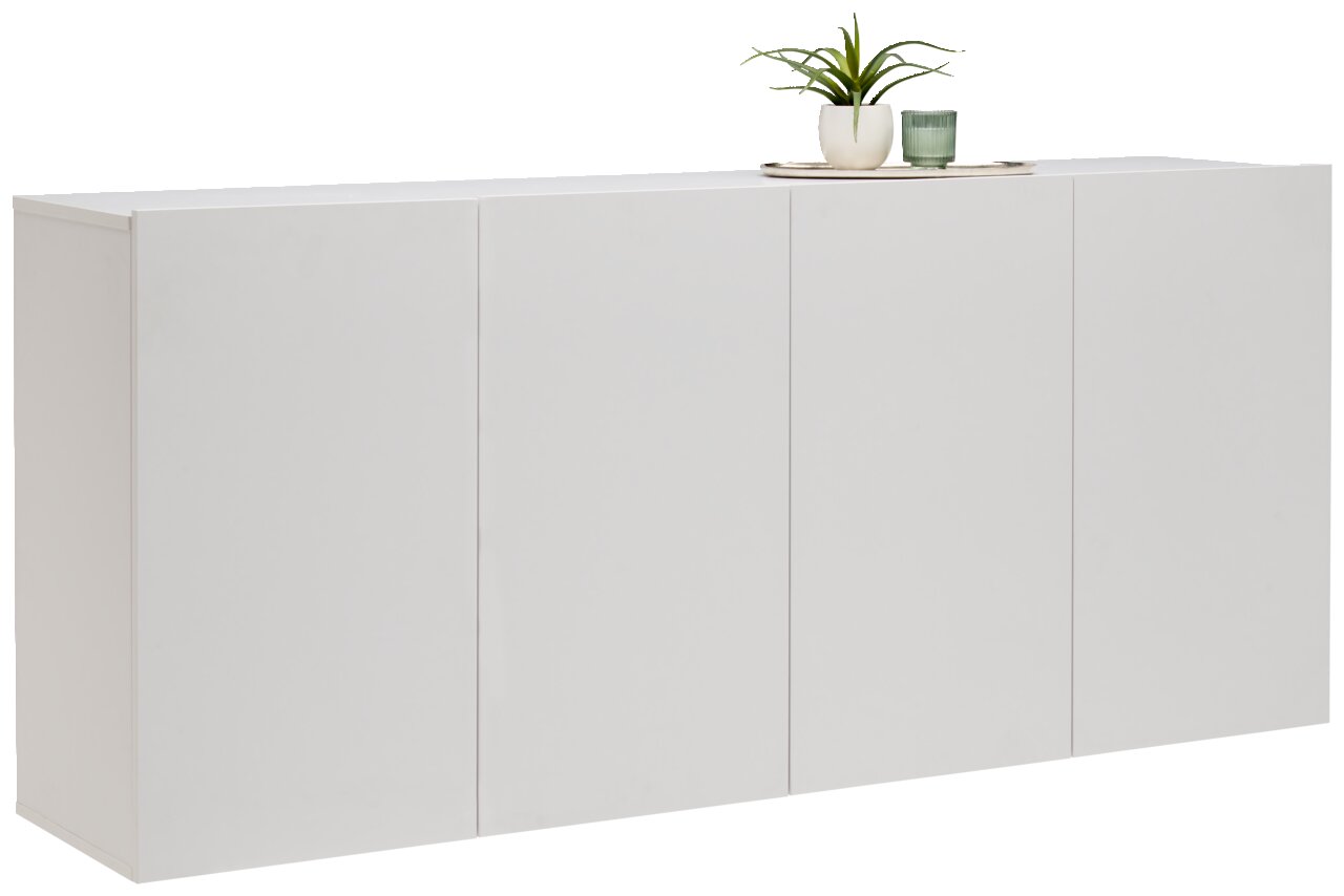 Hom´in Hangend dressoir NEWNIQ Wit hangend dressoir met vier deuren, met daarop een plant en een glas, zijaanzicht