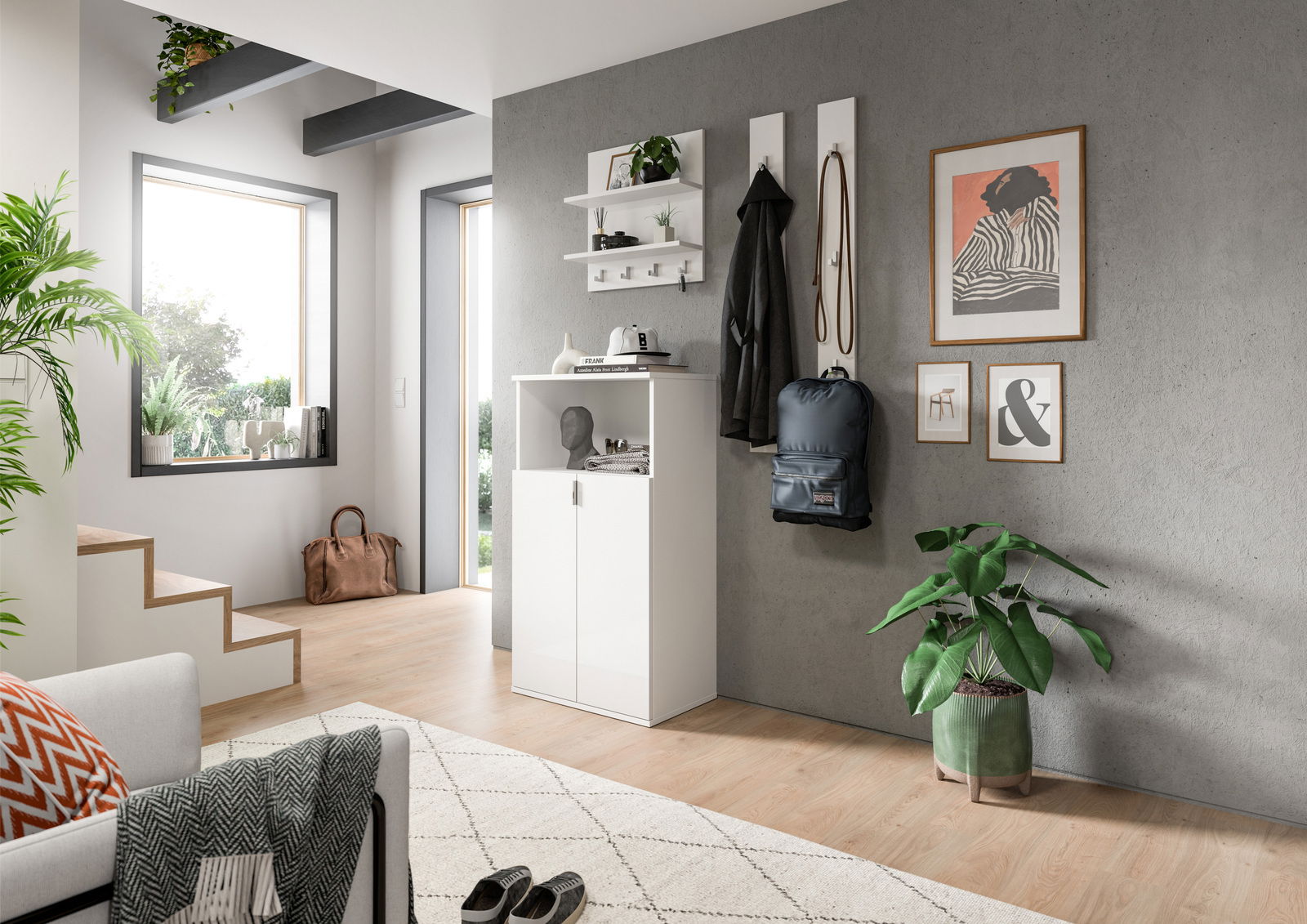 Moderne Schuhkommode in Weiß mit zwei Türen, in einem stilvoll eingerichteten Flur, seitliche Perspektive.