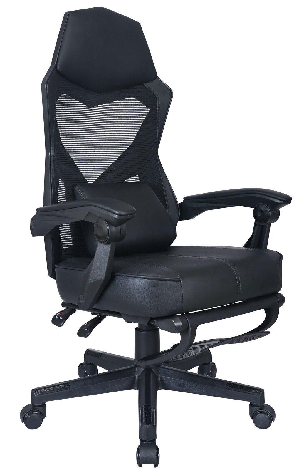 Schwarzer Gaming-Stuhl mit ergonomischem Design, Netzrückenlehne und verstellbaren Armlehnen, seitliche Perspektive