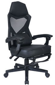 Schwarzer Gaming-Stuhl mit ergonomischem Design, Netzrückenlehne und verstellbaren Armlehnen, seitliche Perspektive