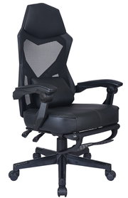 Schwarzer Gaming-Stuhl mit ergonomischem Design, Netzrückenlehne und verstellbaren Armlehnen, seitliche Perspektive