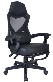 Schwarzer Gaming-Stuhl mit ergonomischem Design, Netzrückenlehne und verstellbaren Armlehnen, seitliche Perspektive