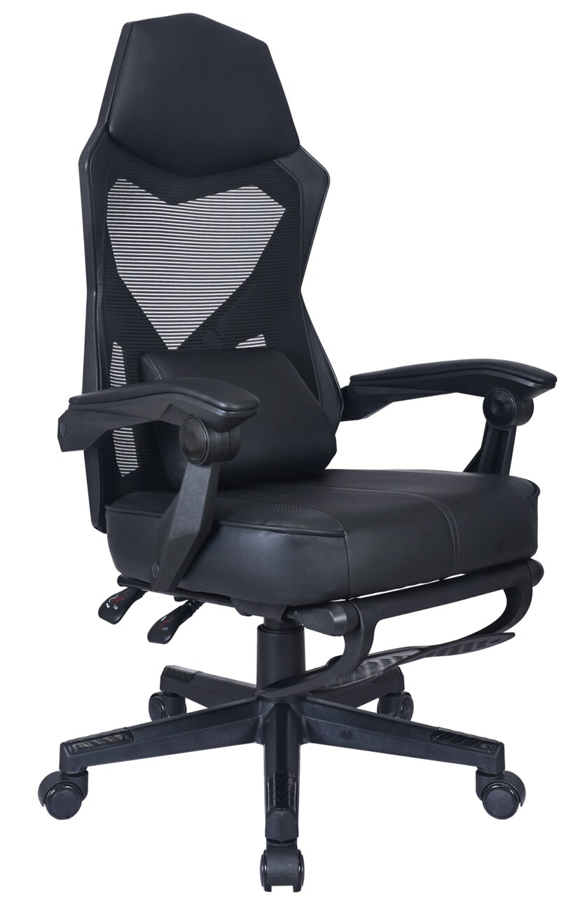 Zwarte gamingstoel met ergonomisch ontwerp, rugleuning van gaas en verstelbare armleuningen, zijaanzicht