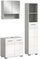 Moderne Badkombination mit Spiegelschrank, hohem Schrank und Unterschrank in weißer Hochglanzoptik, frontal betrachtet.