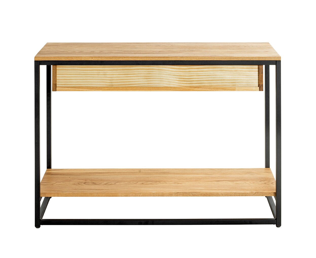 Moderner Konsolentisch aus hellem Holz mit schwarzem Metallrahmen, Schublade und unterem Ablageboden, frontal aus der Vorderansicht freigestellt auf weißem Hintergrund