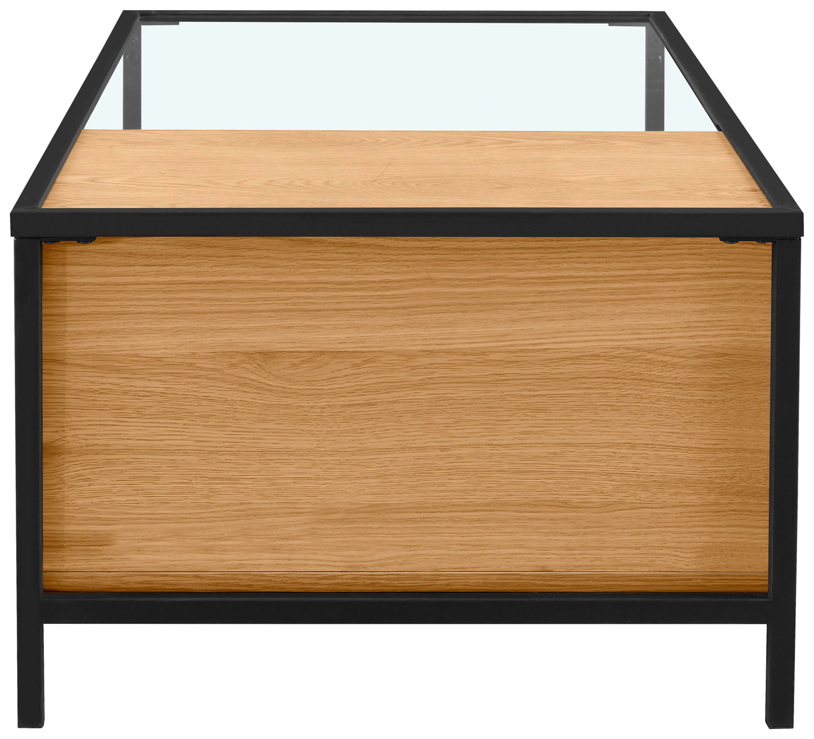 Moderner Couchtisch mit Glasplatte und Holzverkleidung, seitliche Perspektive