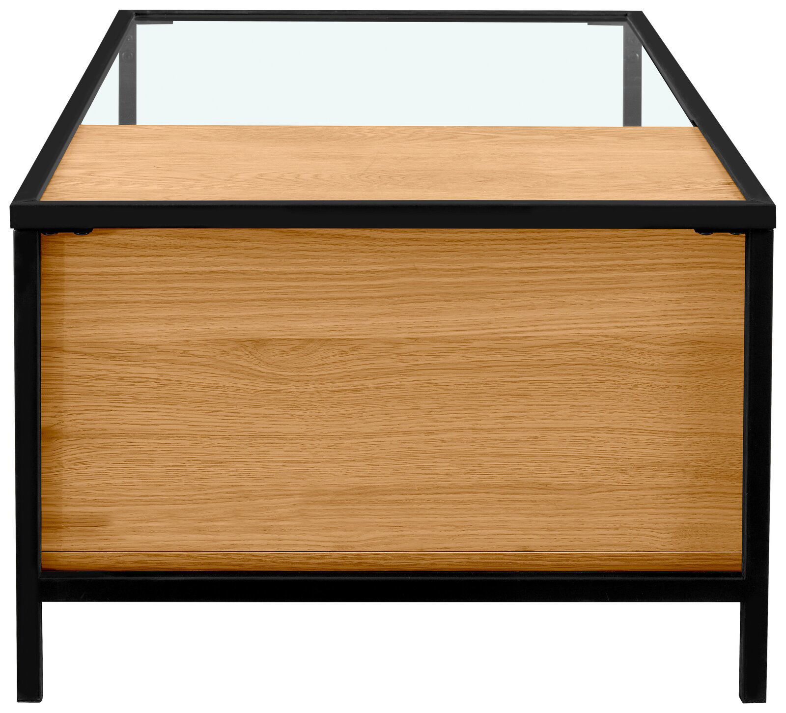 Moderner Couchtisch mit Glasplatte und Holzverkleidung, seitliche Perspektive