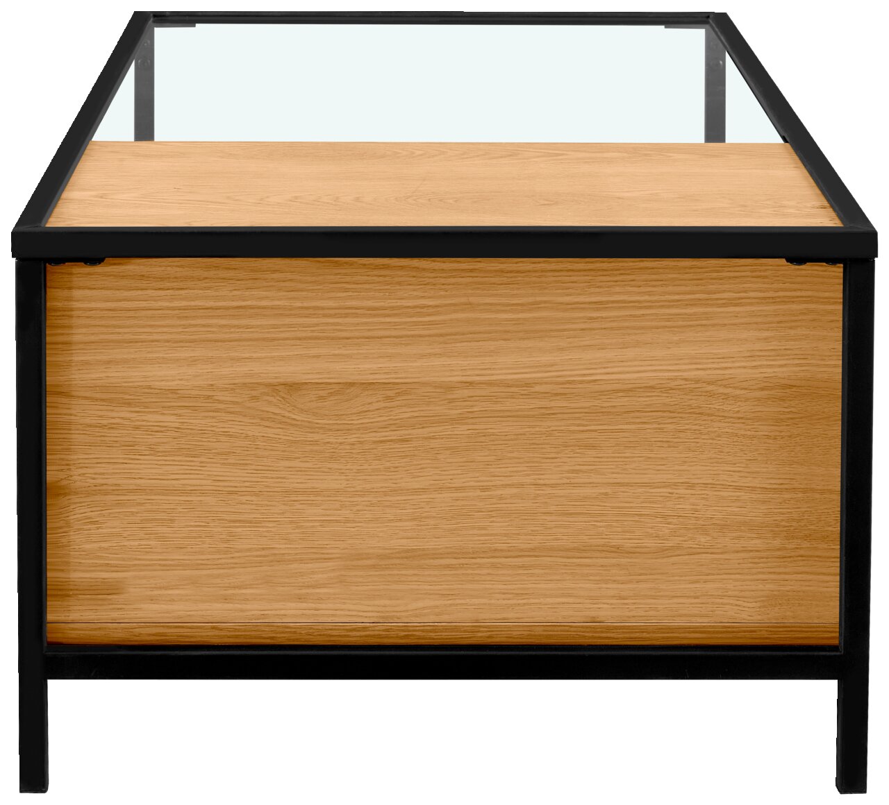 Moderner Couchtisch mit Glasplatte und Holzverkleidung, seitliche Perspektive