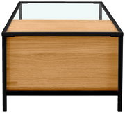 Moderner Couchtisch mit Glasplatte und Holzverkleidung, seitliche Perspektive